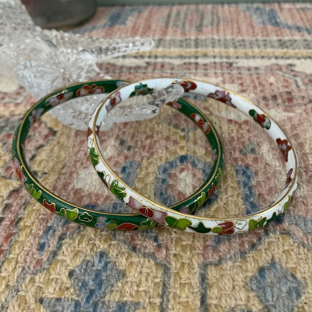 Vintage Cloisonne Gold Floral Enamel Bangle Bracelets Collectible Stackable Set - Picture 3 of 3